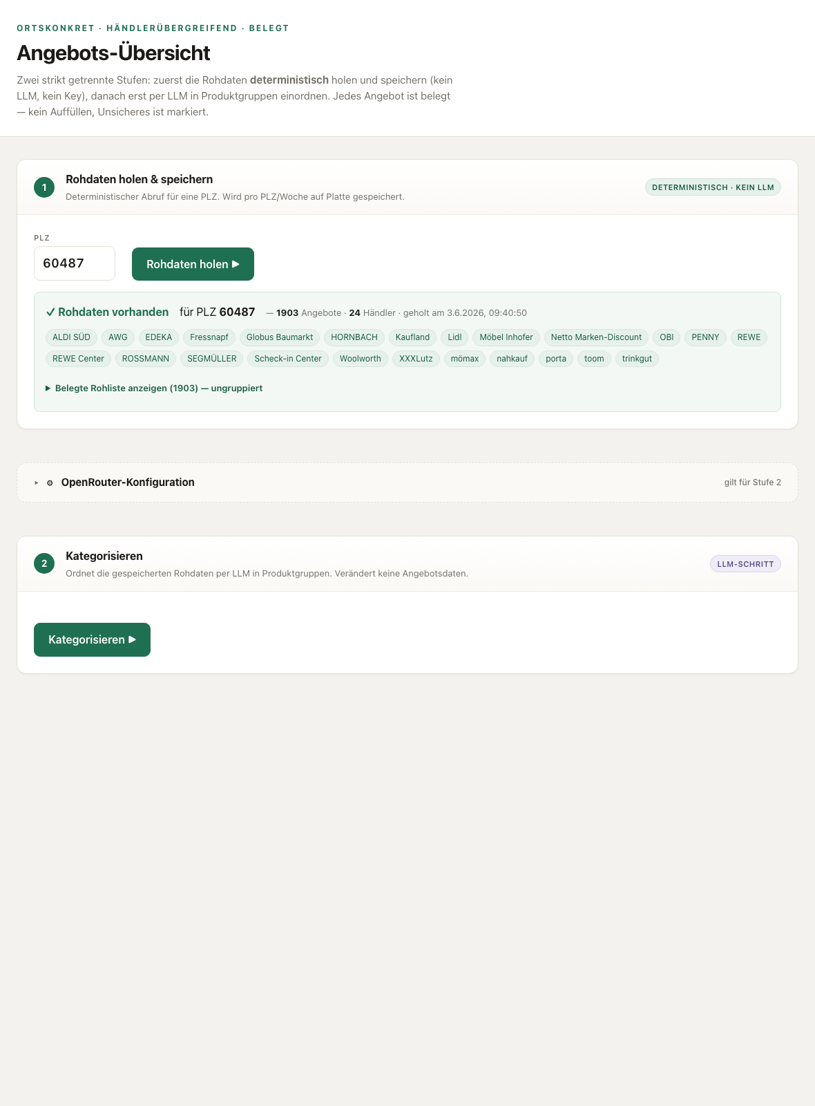 Zweistufige UI: Rohdaten holen, OpenRouter-Konfig, Kategorisieren